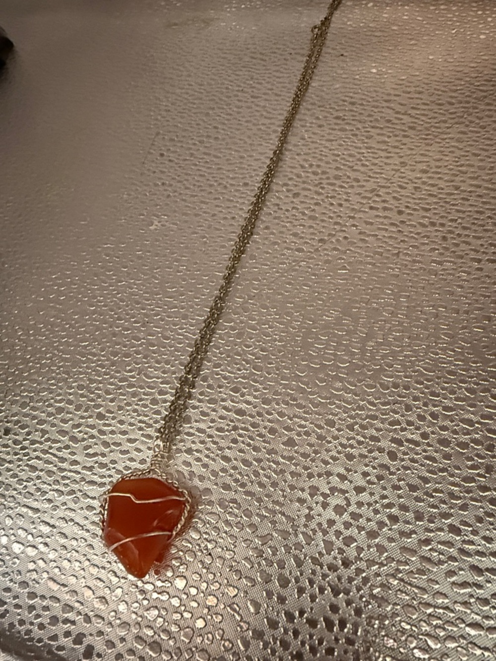 Carnelian semi precious stone wire wrapped with attached chain
